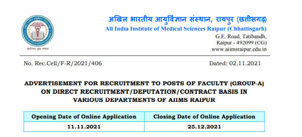 AIIMS Raipur Recruitment 2021