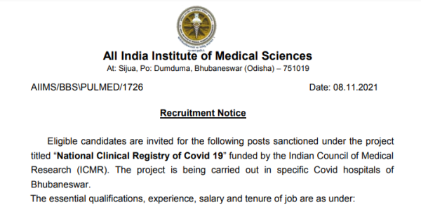 AIIMS Bhubaneshwar Recruitment 2021 All India Institute Of Medical Science Bhubaneshwar jobs for Nursing and MBBS