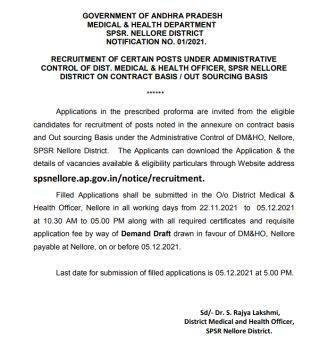 DMHO Nellore Recruitment 2021 Government of Andhara Pradesh Medical & Health Department SPSR. Nellore District,