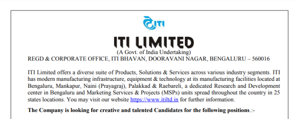 ITI Limited Recruitment Notification 2021 for Manager Dy. Manager Chief Manager Jobs for B Tech BE M Tech Notifocation Apply Online