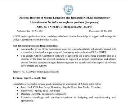 NISER - Bhuvaneswar Recruitment 2021 National Institute of Science Education and Research ( NISER) Bhubaneswar Advertisement