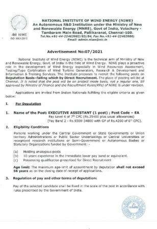 NIWE Recruitment 2021 Govt jobs in Chennai National Institute Of Wind Energy ( NIWE) for Project Assistant Grade