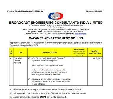 BECIL Recruitment 2022 For OT Technician